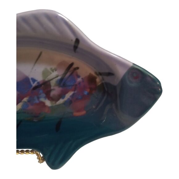 Kent Follette Signed Art Pottery 12½" Royal Blue Floral Fish Shaped Tray - Picture 2 of 10